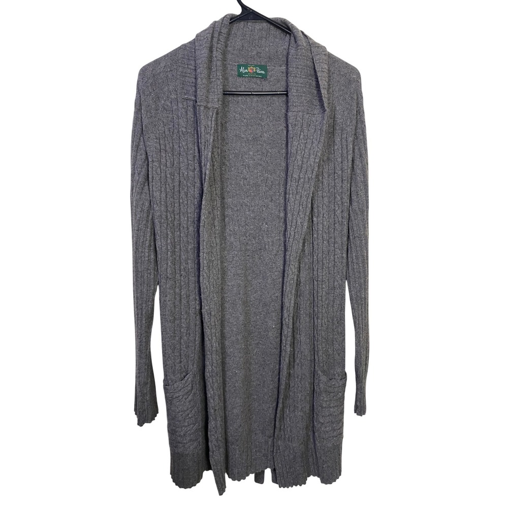 Alan Paine Gray 100% Pure Cashmere Cable Knit Long Open Front Belted Cardigan S